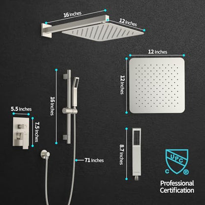 SR SUN RISE 12 Inch Square Shower System with Slide Bar,Brushed Nickel | Rain Head and Handle System,16" Adjustable Shower Slide Bar,Soild Brass,Wall Mount,Included Valve and Trim Kit - color: Brushed Nickel, size: 12 Inch
