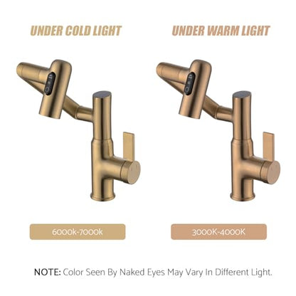 Rotatable Bathroom Faucet with Temperature Display in Fahrenheit (Batteries-Free), 3 Water Outlet Modes, Brushed Copper - color: Brushed Copper