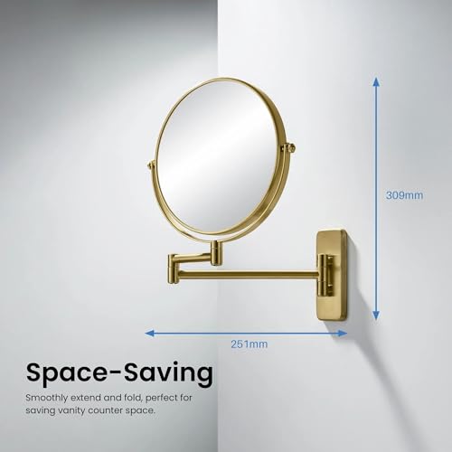 Circular Wall Mount Makeup Mirror, Dual-Sided 1x/5x Magnifying Mirror with Extendable Arm, 360° Swivel, Solid Brass Construction for Durability and Style (Brushed Brass - KMM100) - color: Brushed Brass
