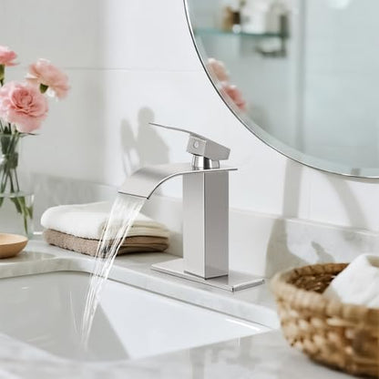 Brushed Nickel Bathroom Faucets, Waterfall Bathroom Sink Faucet | Single Handle, Stainless Steel, Vanity Faucet with Deck Plate, Pop-up Drain, For 1 or 3 Hole, RV, Farmhouse - color: A-Brushed Nickel