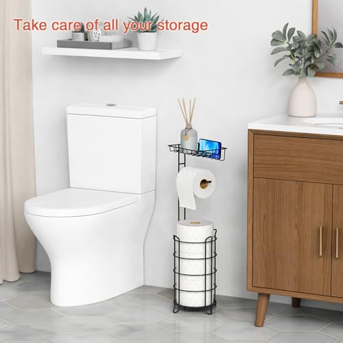 Goozii Matte Black Free Standing Toilet Paper Holder Stand with Shelf, Freestanding Bathroom Tissue Dispenser with Wipes Storage, Floor Toilet Paper Holder with Phone Tray for Large Mega Rolls - color: Black