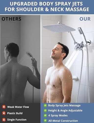 All Metal 12 Inch Shower Head with Body Spray Jets and Handheld (Chrome) | All Metal Construction, Equipped with Body Spray Jets, 14 Inch Adjustable Extension Arm,Power Wash Function Hand Shower - color: Chrome