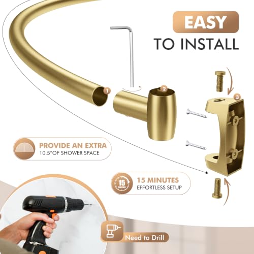 Curved Shower Curtain Rod for Bathroom, 40-72 Inches Adjustable Shower Rod | Rustproof Shower Curtain Rod with Rotating Brackets for Extra 30% Large Shower Space, 0.9MM thickness, Need to Drill, Gold - color: Gold