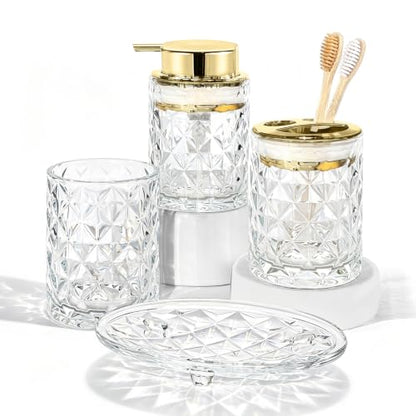CERBIOR Bathroom Accessories Set, 4 PCS Glass Bathroom Set,Golden White | Includes Soap Dispenser, Toothbrush Holder, Toothbrush Cup, Soap Dish for Decorative Countertop and Housewarming Gift - style: white