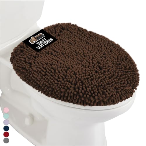 GORILLA GRIP Soft Chenille Bathroom Toilet Lid Cover, Machine Washable Seat Covers, 19.5x18.5, Stays in Place Rubber Backing, Fits Most Round, Elongated and Oblong Lids, Accessories Decor, Brown - color: Brown, style: Chenille