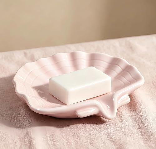 Shell Shaped Ceramic Dish, Self-Draining Glazed Soap Holder, Anti-Slip Tray for Bathroom, Shower & Sink, Cute Elegant Organizer, Easy to Clean – Pink - color: Pink