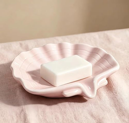 Shell Shaped Ceramic Dish, Self-Draining Glazed Soap Holder, Anti-Slip Tray for Bathroom, Shower & Sink, Cute Elegant Organizer, Easy to Clean – Pink - color: Pink