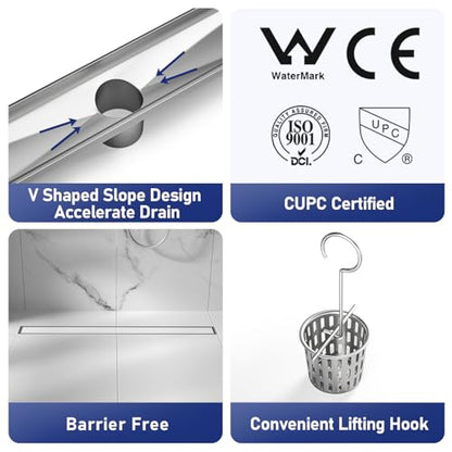 Linear Shower Drain, 304 Stainless Steel Floor Drain 30" | with Tiled Insert Grate & Hair Strainer, Bathroom 2-in-1 Tiled in Drain, CUPC Certified - color: Brushed, size: 30''