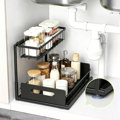 Upgraded Under Sink Organizer, 2 Tier Pull Out Kitchen Cabinet Organizer Metal Slide Out Bathroom Organizers and Storage Makeup Drawer Organizer for Office Bedroom Restroom Livingroom, 1 Pack