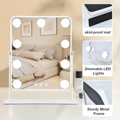 YEKKOPT Vanity Mirror with Lights,Lighted Makeup Mirror with 9 LED Bulbs, Light Up Makeup Mirror with Lights for Dressing Room & Bedroom,Smart Touch Control,360 Rotation - size: 14"L x 12"W