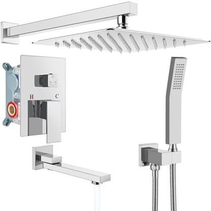 gotonovo Tub Shower Faucet Set with Valve Kit 10’’ Head,Polished Chrome | Shower System with Tub Spout,SUS304 Rain Head with Handheld Sprayer,Swivel Spout,All Metal,Rough-In Valve Trim Kit,Wall Mount - color: Chrome, size: 10’’ Head