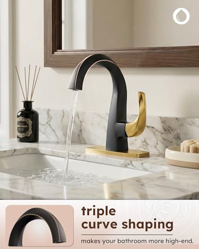 WOWOW Single Handle Bathroom Faucet 1 Hole High Arc Bathroom Basin Faucet Black and Gold with Pop-up Drain, Solid Brass Commercial Bathroom Sink Basin Vanity Bar Faucet (Patented Product) - color: Black and Gold