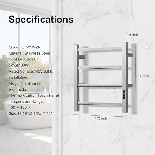 Electric Towel Rack Wall-Mounted Bathroom Heating Towel Warmer,Plug-in,Stainless Steel Material (Square Brushed with Timer, 4 Bar) - color: Square Brushed With Timer, size: 4 Bar