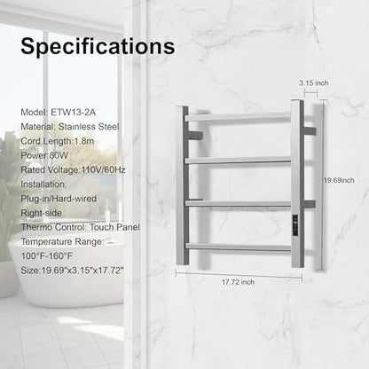 Electric Towel Rack Wall-Mounted Bathroom Heating Towel Warmer,Plug-in,Stainless Steel Material (Square Brushed with Timer, 4 Bar) - color: Square Brushed With Timer, size: 4 Bar