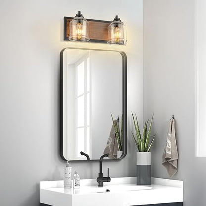 16" 2-Light Farmhouse Bathroom Vanity Light with Bubble Glass, Brown | Farmhouse Rustic style, Metal base with hand-painted wood grain, E26 Ceramic Base(no bulb), UL&ETL, mount up/down,over mirror - color: Brown, size: 2-Light