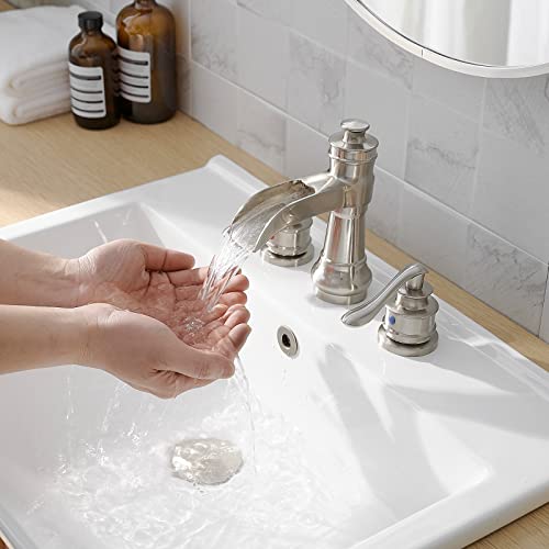 Bathroom Sink Faucet Waterfall 3 Hole or 8 Inch Widespread Tap | Brushed Nickel,Brass,Double Handle,Easy to Clean,Simple Installation,Pop-up Drain,Supply Line,Control of Hot and Cold Water - color: Brushed Nickel