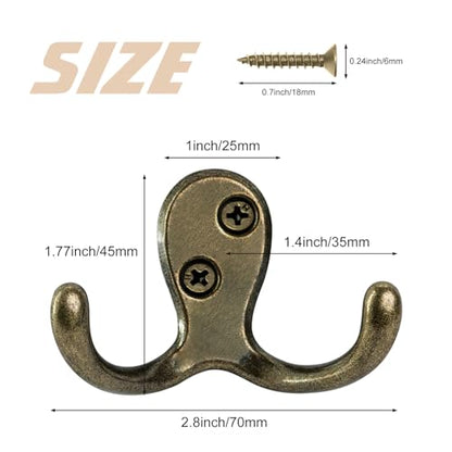 Homanu 10 Pack Coat Hooks, Heavy Duty Double Prong Coat Hooks Wall Mounted with 20 Screws, No Rust Antique Brass Metal Wall Hooks for Hanging Towel, Coat, Bag, Hat, Cup, Key - color: 10 Pcs Antique Brass