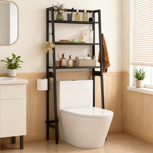 GIANTEX Over The Toilet Storage, 3-Tier Freestanding Bathroom Space Saver with 2 Hooks, Toilet Paper Holder & Adjustable Bottom Bar, Metal Over Toilet Bathroom Organizer for Restroom, Laundry (Black) - color: Black