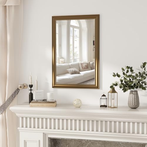 24x36 Rectangular Wall Mirror, Decorative Bathroom Mirror, Traditional Vintage Wall Mounted Mirror with Beaded Frame for Accent Living Room Vanity Bedroom Entryway, Gold - color: Rectangle - Gold, size: 36"L x 24"W