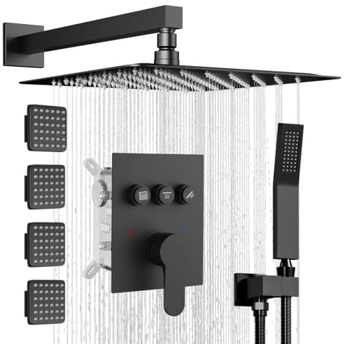 Shower System with Body Jets,Bostingner Shower Faucet Sets 12" Rain Shower Head with Handheld Spray, Can Use at Same Time, Push Button Diverter Shower Sets Complete, Matte Black - color: Matte Black, size: 12 Inch