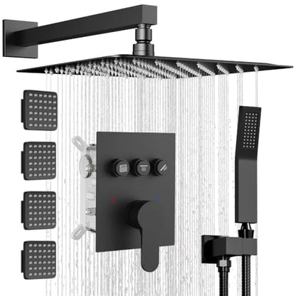 Shower System with Body Jets,Bostingner Shower Faucet Sets 12" Rain Shower Head with Handheld Spray, Can Use at Same Time, Push Button Diverter Shower Sets Complete, Matte Black - color: Matte Black, size: 12 Inch