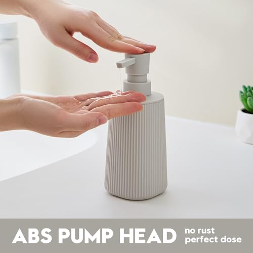 YAUKPH Small Soap Dispenser for Bathroom and Kitchen Matte Beige | Modern Farmhouse Striped Style Plastic Hand Soap Dish Soap Dispenser with Pump - color: Boho Beige