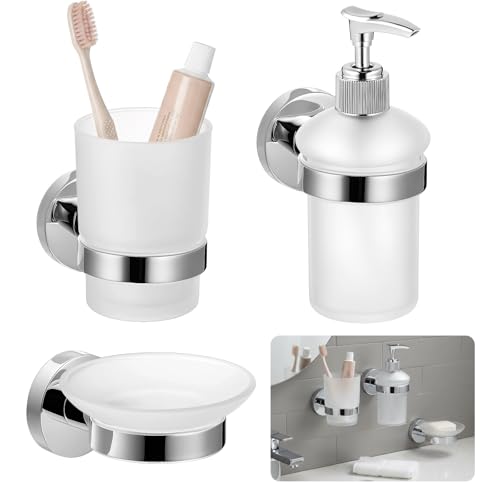 3 Set Wall Mounted Bathroom Accessory Set, Glass Soap Dispenser & Toothbrush Holder with Soap Dish, Stainless Steel Bathroom Wall Organizer for Modern Kitchen Bathrooms