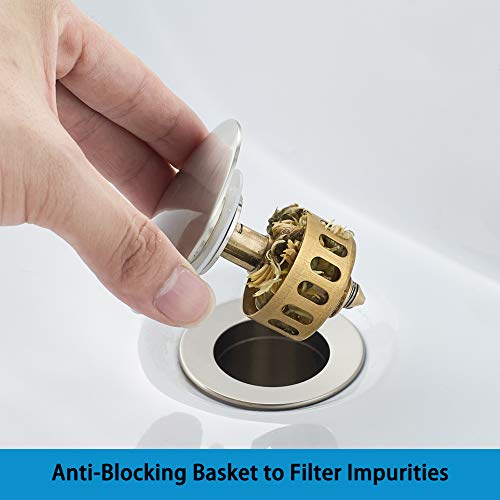 Bathroom Sink Drain with Strainer Basket Hair Catcher Anti-Explosion Anti Clog Pop Up Drain Stopper Vanity Vessel Sink with Overflow, Brushed Nickel - color: Brushed Nickel, size: With Overflow