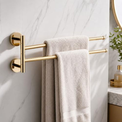 Solid Brass Swivel Towel Bar, Brushed Gold Bathroom Towel Rack, No Drill Adhesive Wall Mounted Rail Hanger, Space Saving Multi Arm Holder for Kitchen Restroom(Gold,15cm) - color: Gold, size: 15cm