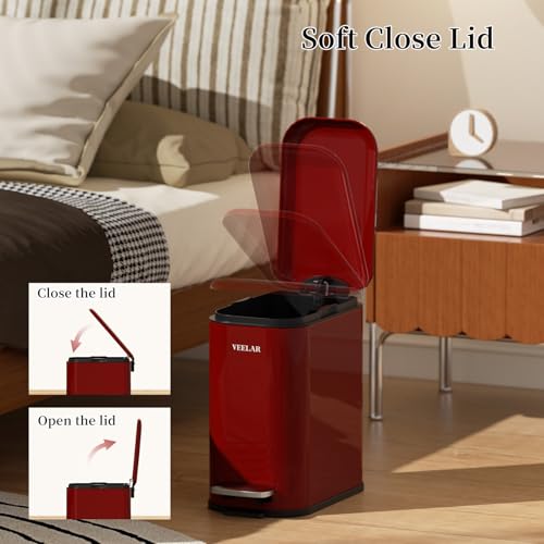 Slim Bathroom Trash Can with Lid, 1.6 Gallon / 6 Liter Stainless Steel Trash Bin, Step Pedal Garbage Cans for Bedroom, Kitchen, Office (Red) - color: Red(Step Pedal), size: 1.6 Gallon (6L)