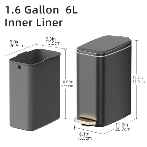 KSSKSS 1.6 Gallon/6L Small Bathroom Steel Step Trash Can, Soft-Close Lid & Fingerprint-Proof, Slim Wastebasket for Narrow Spaces (Black) - color: Black