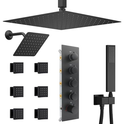 Black Shower Faucet Set Dual Shower Heads with 16" Ceiling Mounted Rain Shower Head & 6" Wall Mounted Head 4 Function Full Body Shower System with body jets,Matte Black - color: Matte Black, style: 16 inch +6 jets