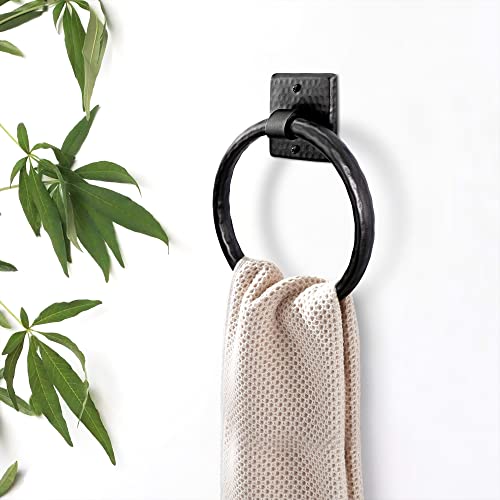 Monarch Abode Bathroom Towel Holder – 7-Inch Round Matte Black Bathroom Hand Towel Holder for Bathrooms Wall, Metal Hand Hammered Towels Ring Wall Mount, Traditional Surface-Mounted Ring Hanger - color: Matte Black, style: Traditional