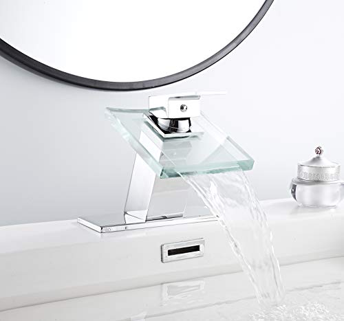 One Hole Lavatory Basin Sink Bathroom Faucet Chrome Waterfall Glass Spout | Single Handle Bathroom Sink Faucet Mixer Tap Modern Deck Mount Plumbing Fixtures Unique Design - color: Chrome, style: No Led