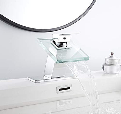 One Hole Lavatory Basin Sink Bathroom Faucet Chrome Waterfall Glass Spout | Single Handle Bathroom Sink Faucet Mixer Tap Modern Deck Mount Plumbing Fixtures Unique Design - color: Chrome, style: No Led