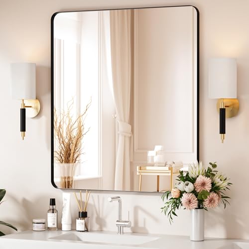 Black Bathroom Mirror 32X36 Inch Bathroom Vanity Mirror for Wall, Metal Frame Large Mirror, Tempered Glass, Modern Wall Mirror for Bathroom, Farmhouse, Horizontally or Vertically Hanging - color: Black, size: 32"L x 36"W