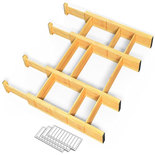 SpaceAid Bamboo 13.25-17“ Drawer Dividers (Need 2.35" Deep Drawer) Kitchen Adjustable Organizers, Expandable Organization for Home, Office, Dressers, 4 Dividers with 9 Inserts