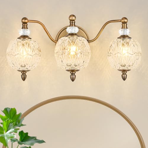 Vintage Bathroom Vanity Light, 3-Light Mid Century Matte Antique Brass Finish Wall Sconce with Globe Glass Shades, Retro Mirror Light for Bathroom, Powder Room - color: Antique Brass, size: 3 Light
