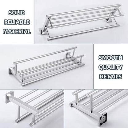 Angle Simple Bathroom Towel Rack, Towel Bar with Shelf, Polished Chrome | 23.62-In, SUS304 Stainless Steel, 2 Bars Design Separate Dry Wet Towels, Enough Space for Hanging Needs, Drill Screws Mount - color: Polished Chrome, size: 23.62-Inch