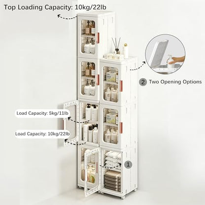 Tall Narrow Storage Cabinet with Movable Wheels, Adjustable Shelves & Magnetic Doors – Foldable Slim Plastic Organizer for Bathroom, Kitchen, Laundry, Ideal for Small Spaces(4-Tier,White) - size: 11.2"D x 9.6"W x 65.4"H