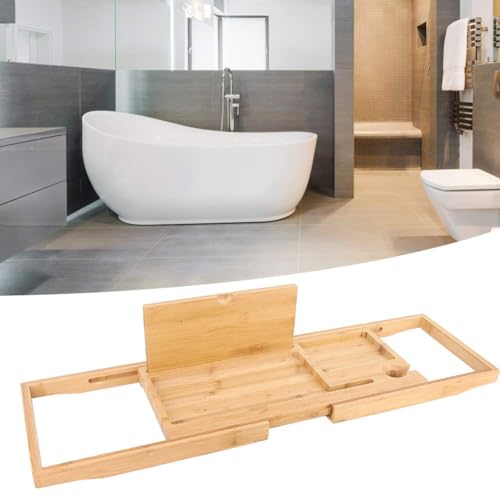 JEOZBM Bath Tray, Bamboo Bath Table Tray, Retractable Bathtub Shelf,Bathtub Caddy Tray, Expandable Bathroom Accessories for Wine, Phone, Book(90CM-Bamboo) - color: Bamboo
