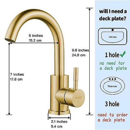 Wet Bar Sink Faucet Single Hole Brushed Gold, Modern Single Handle Bathroom Sink Faucet Commercial Stainless Steel Prep Sink Faucet - color: Brushed Gold, size: No drain