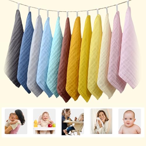 Colorful Baby Washcloths - Muslin Cotton Wash Cloths for Babies, Ultra Soft Newborn-Toddler-Infant-Child Washcloths Burp Cloths.12 Pack Face Bath Towels Reusable for Unisex Baby.