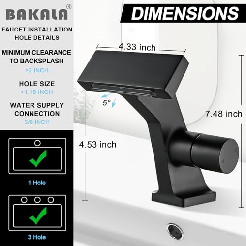 BAKALA Black Waterfall Bathroom Faucets, Single Hole Single Handle Brass Bathroom Sink Faucet Deck Mount, Rv Lavatory Vanity Faucet with 2 Supply Holes - color: Matte Black