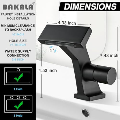 BAKALA Black Waterfall Bathroom Faucets, Single Hole Single Handle Brass Bathroom Sink Faucet Deck Mount, Rv Lavatory Vanity Faucet with 2 Supply Holes - color: Matte Black