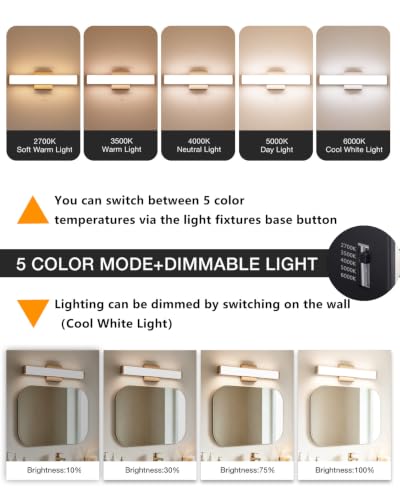 16" LED Bathroom Vanity Light, 10W 5CCT Dimmable, Brushed Nickel | Wall Bar Light, Rust & Moisture Resistant, Dimmable 2700K-5000K, Energy-saving, moisture-proof, Dresser Bathroom over Mirror - color: Brushed Nickel, size: 16in 5CCT