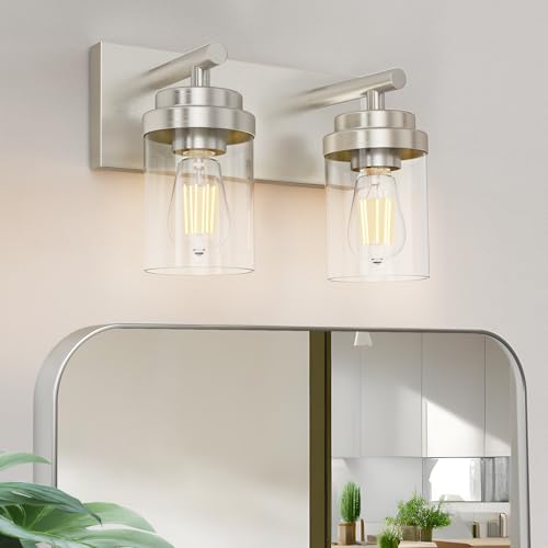 IZORRO Bathroom Vanity Light Fixture, 2-Light 15 Inch Brushed Nickel Bathroom Light Fixtures Over Mirror, with Clear Glass Shade, Modern Farmhouse Vanity Lights, Rustic Restroom Lighting Fixtures - color: Nickel-Clear Glass Shade, size: 15 inch-2-Light