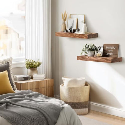 Solid Wood Floating Shelves, 17 Inch Wall Shelves, Set of 2, Brown | 8 Inch Deep, 1.6 Inch Thick, Extra-Wide Display Space, Mounting Hardware Included, For Kitchen, Bathroom and Living Room - color: Brown, size: 17x8x1.6
