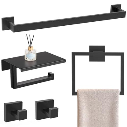 YACVCL 5 Pieces Matte Black Bathroom Hardware Accessorie Set 23.6 Inch Towel Bar Set SUS304 Stainless Steel Towel Rack&Holder Set for Bathroom,Toilet Paper Holder with Shelf Wall-Mounted - color: 5 Pcs Matte Black