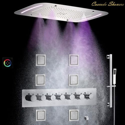 Cascada Luxurious Design 17"x28" Recessed LED Shower System with 6 Functions (Rainfall, Waterfall, Rain Curtain, Misty, 4"Body Jets & Handheld), & Shower Sliding Bar (Oil Rubbed Bronze) - color: Oil Rubbed Bronze